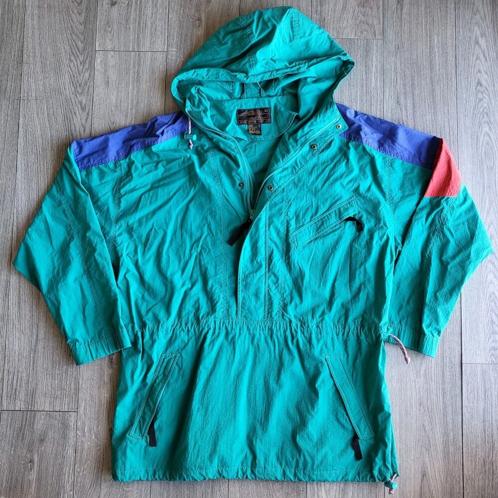 Vtg 90s Eddie Bauer Women's XL Teal Colorblock Rain Jacket Pullover Waist-Cinch